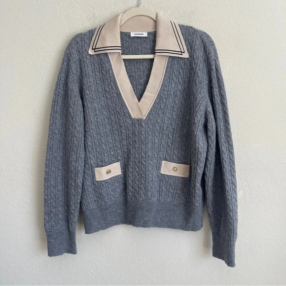 SANDRO Nea Cable-Knit Sweater Gray Wool Cashmere Blend V Neck - Picture 4 of 8